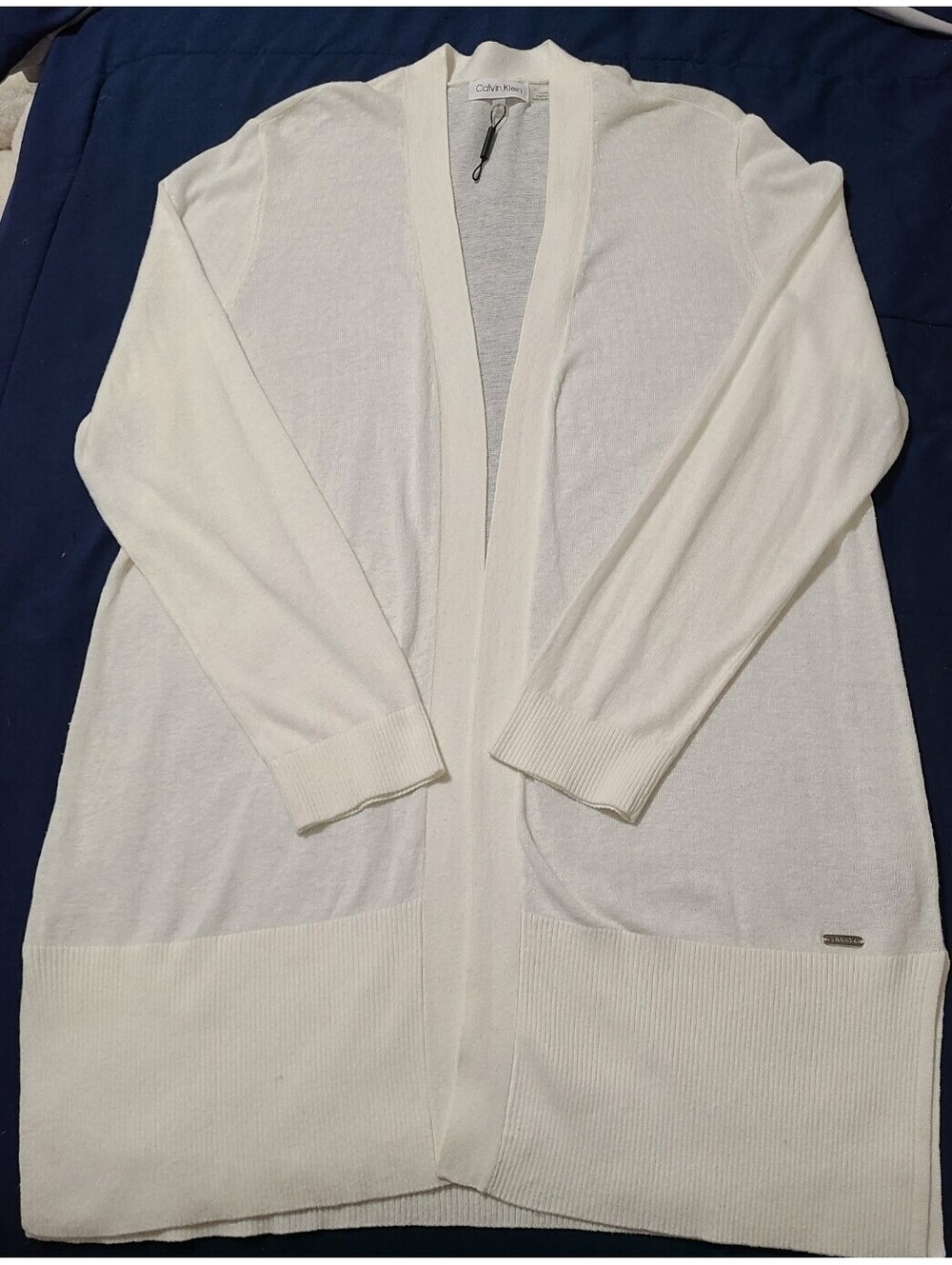 Calvin Klein Womens L Ivory Linen Blend Minimalist Coastal Open Front Cardigan